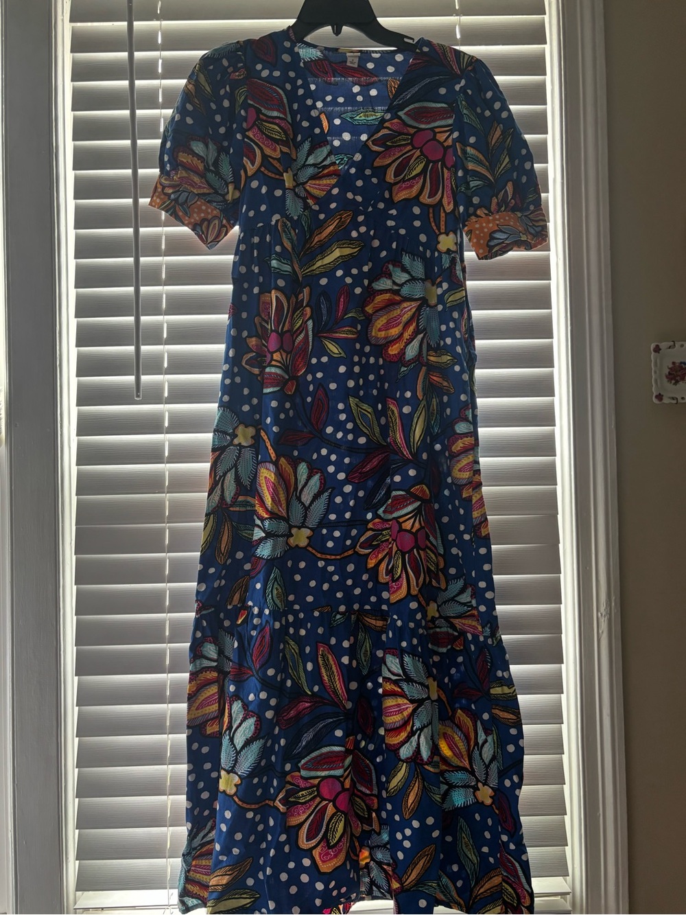 V-Neck Blue Floral Maxi Dress with Multicolor Blooms